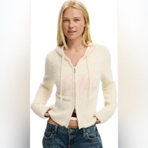 Y2K Bebe Angora Fur Blend Zip-Up Hooded Cardigan Sweater Ecru NWOT Size Medium